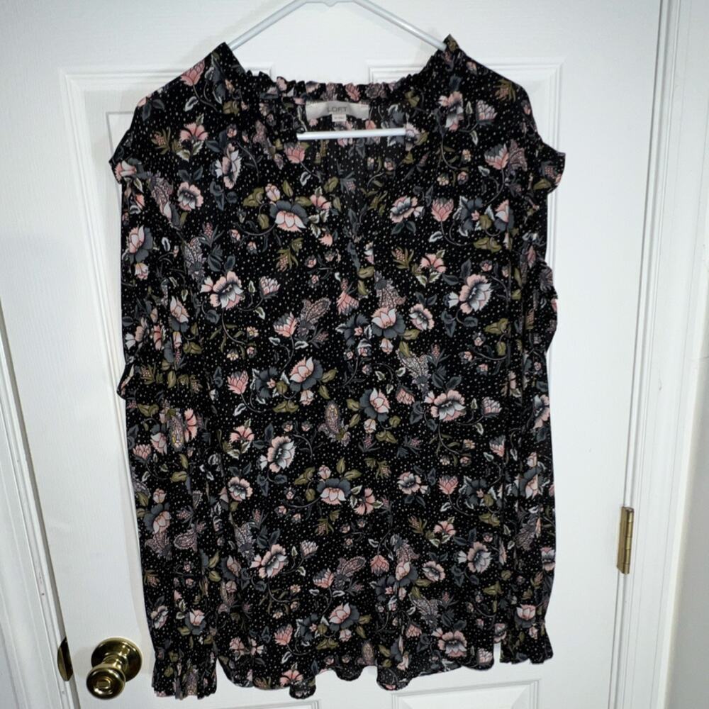 LOFT XL Black Multi Floral Ruffle Button Long Sleeve Blouse